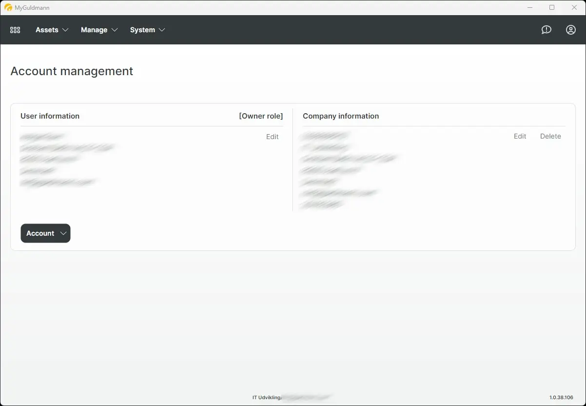 MyGuldmann Account management screen showing user and company information sections with edit and delete options.