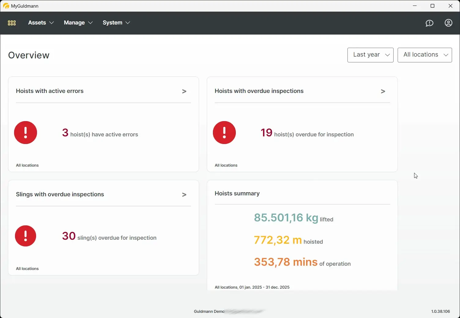 MyGuldmann Dashboard Overview with widgets for hoist and sling statuses