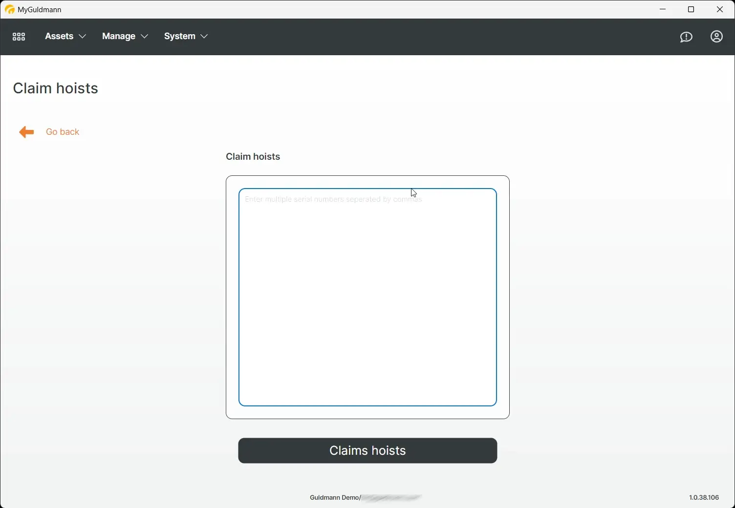 MyGuldmann Claim hoists screen for entering and submitting hoist serial numbers.