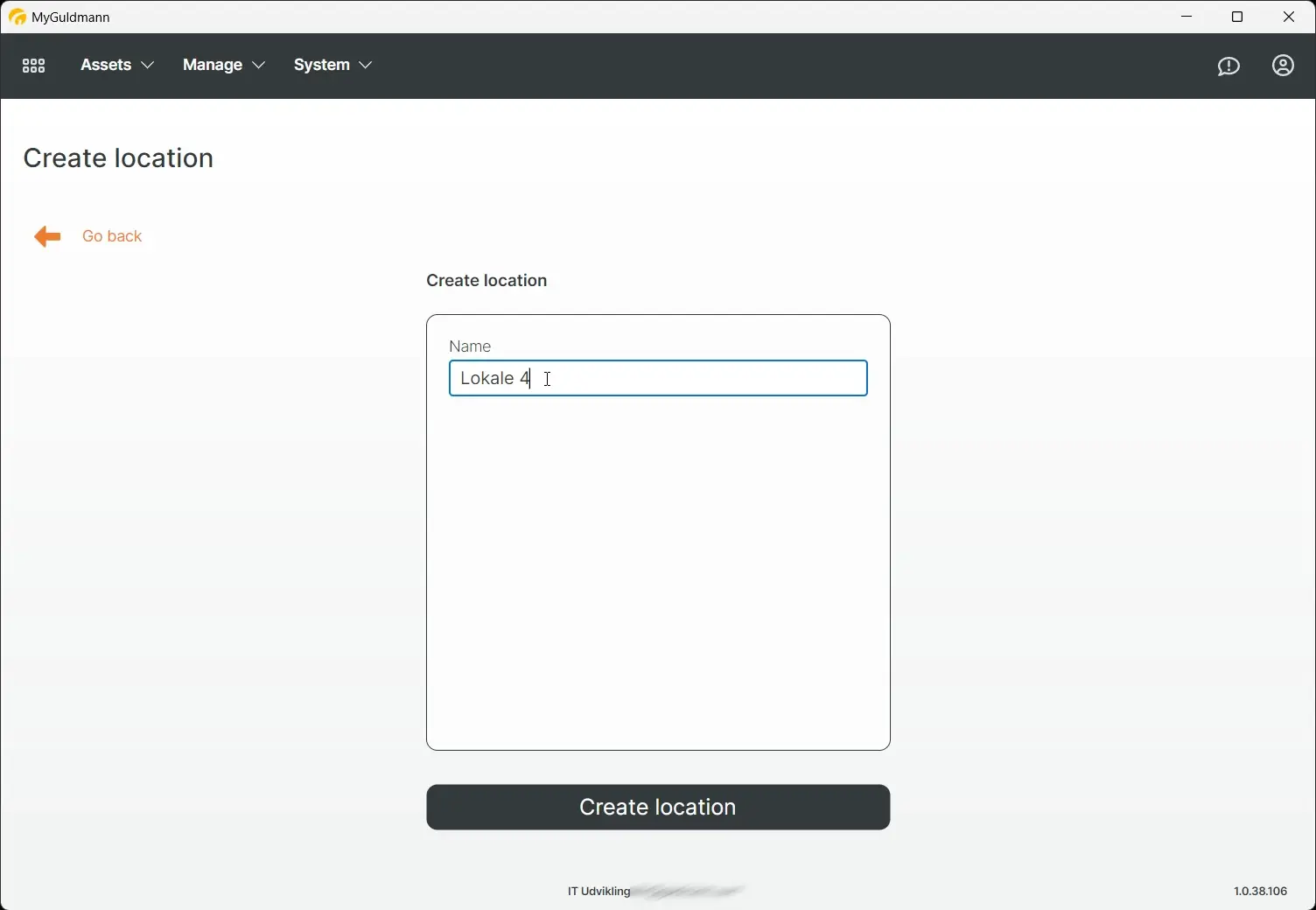 MyGuldmann Create Location page with a form to enter location name and a create button.
